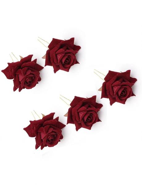 El Cabell 5pcs Women's Fabric Maroon Rose Flower hair Pin For Party and Function Use Hair Pin