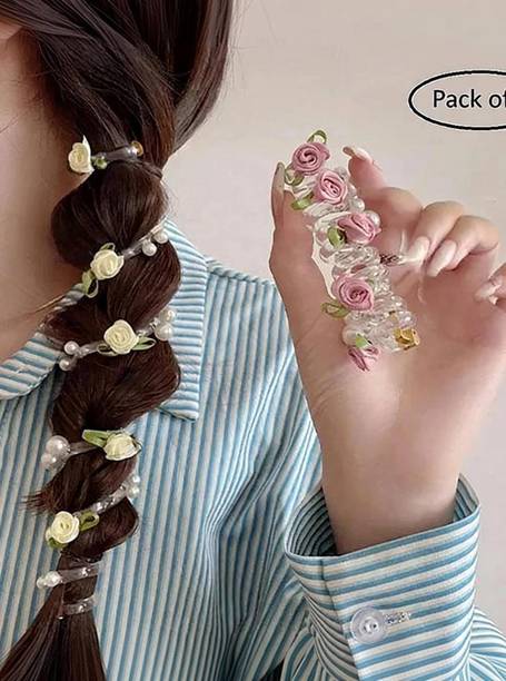 EvoNest Set of 2 Floral Ponytail Holders – Pink & White Elastic Hair Bands (6Y) Hair Band