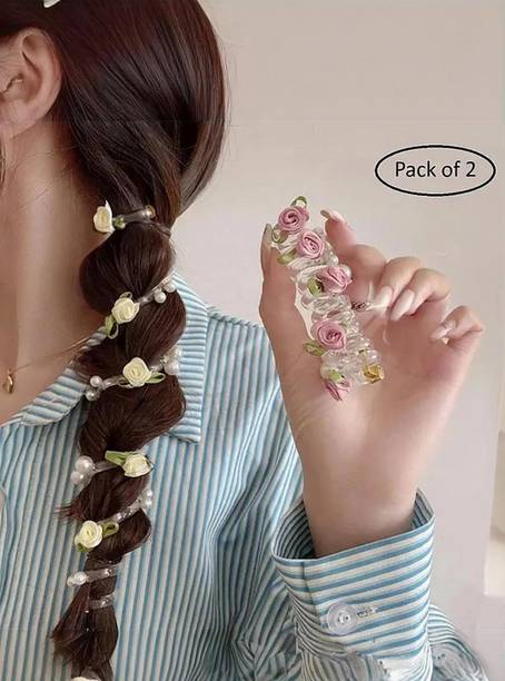 EvoNest Set of 2 Floral Ponytail Holders – Pink & White Elastic Hair Bands (6Y) Hair Band