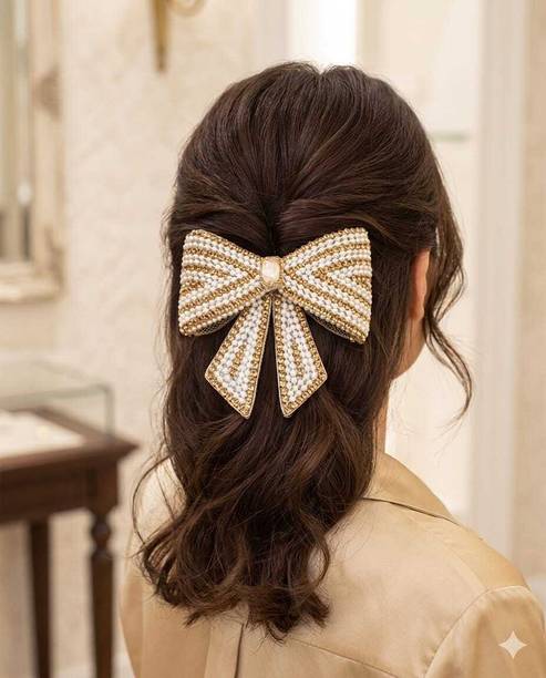 Santoshi Enteprises Elegant Pearl Studded Bow Hair Clip for Women Stylish Party Wear Accessory Hair Clip
