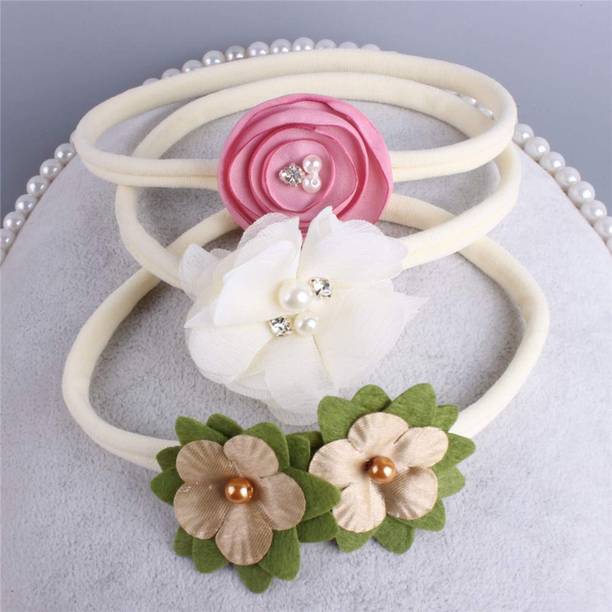 SYGA 3 Pcs Children's Hair Band Infants Girls Elastic Headband Set Nylon Elastic Flower Hair Accessories (Off-White) Hair Band