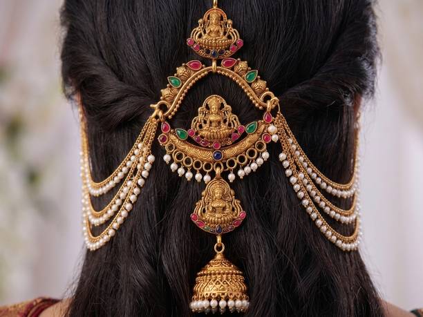 NUI Traditional Gold-Plated Hair Brooch with Pearl Chains For Women| For Wedding Hair Accessory Set