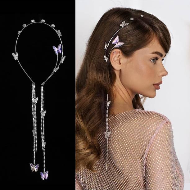 JEWILLEY Butterfly Pearl Tassel Rhinestone Chain Crystal Western Hairband – Fancy Tiara Hair Band