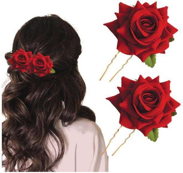 iapex Stylish Red Rose Artificial Flowers Bun Juda U Pins & Clips Hair Pin