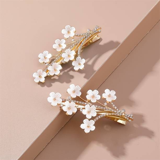 DENICRAAS Fancy Beautiful white flower stone hair accessories for girls (pack of 2) Hair Clip