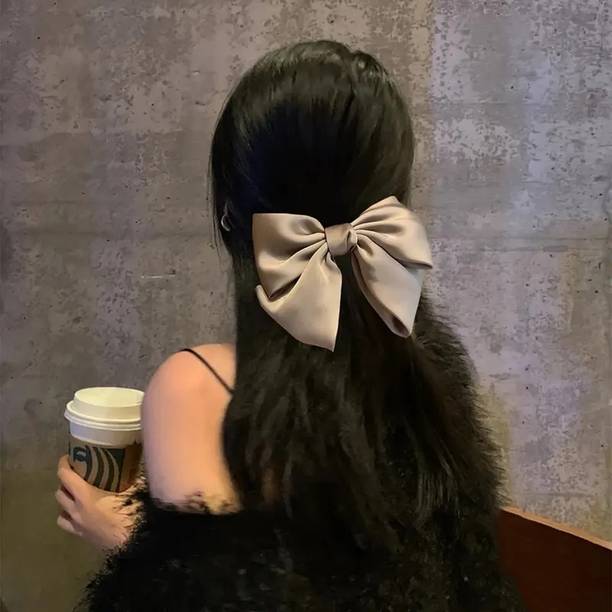 Sparkling Dazzle 1Pc Korean Large Grey Premium Elegant Satin Silk Fabric Double Bowknot Barrette Hair Clip