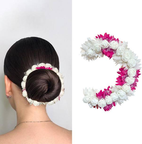 DELUXE Rose Petal Flower Pink Tiara Gajra Hair Juda For Women (Pack of 1) Hair Accessory Set
