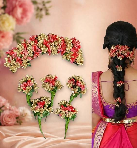 Flyder Enterprises Artificial Flower Gajra veni Red golden Hair Accessories stylish Joda pati Hair Accessory Set
