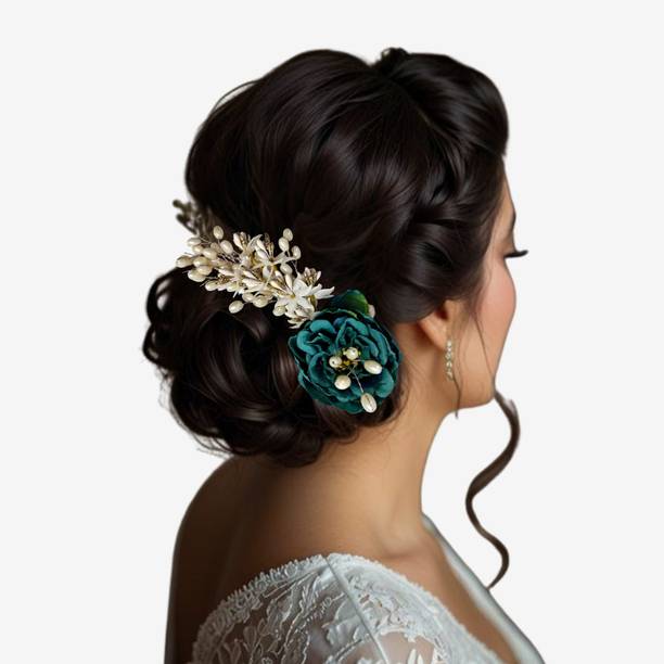 AccessoZone Green Flower Juda Hair Clip with Pearls for Women & Girls Hair Accessory Set