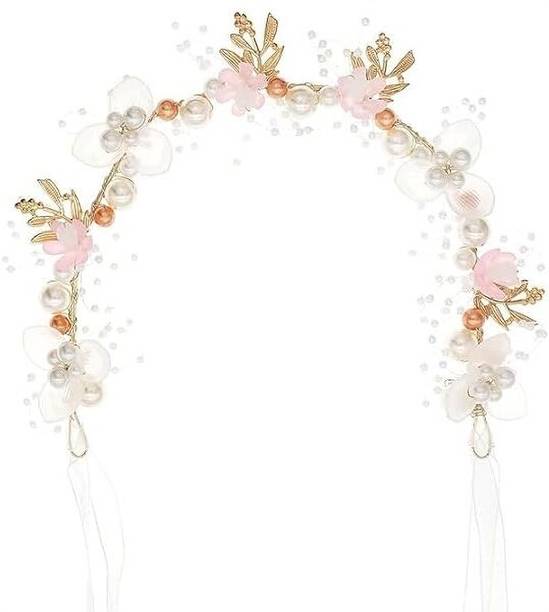 Diversa Princess Pearl & Leaf Tiara Headband, Adjustable Flower Crown for Girls, 15 cm Head Band