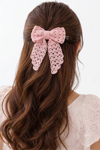 Shiviuniq Pink Crochet Lace Bow Hair Clip | Elegant Ribbon Hair Barrette for Girls & Women Hair Clip
