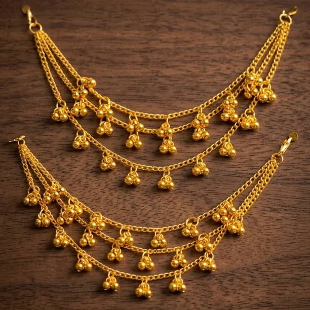 Twistlook Traditional Gold-Plated 3-Layered Bead Ear Chain Mattal (Sahare) – Set of 1 Pair Hair Accessory Set