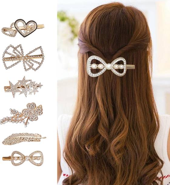Rajmart Global Korean Style Rhinestone Jewellery Golden Pearl Metal for Women And Girls-6 Pcs Hair Clip