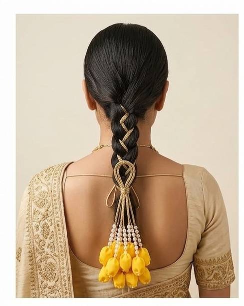 classichub Handcrafted Gota Patti & Pearl Braid Tassel | Traditional Indian Wedding Braid Extension