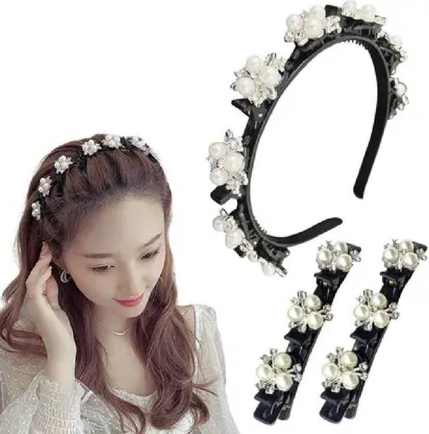 Myra Collection Hairstyle Headband With Pearl Flower Alligator Clip Pack o f3 HairBand (black) Hair Band