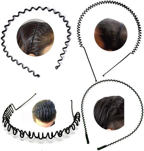 GRENZAFAB 4 Pcs Black Flexible Metal Wavy Spring Zig Zag For Unisex Men Women Hair Hoop Hair Band