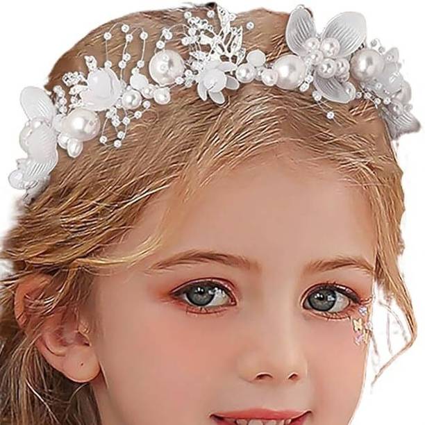 MSVTRADESS Flower Crown Tiara for Girls, Pearl & Gold Princess Headband for Kids 6+ Years Hair Band