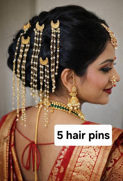 Mrvl 5 Gold Plated Chandra Kundan Pear (Moti) Hair Bridal Pins Bun Stick