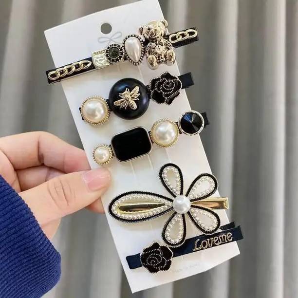 glamvibe Fancy Acrylic Clips With Black&White Stones 5pc Hairstyle Partywear Girls Pins Hair Clip