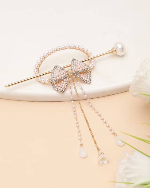 Ashkash Metal Pearl Bow Hairpin Tassel Cute Shiny Tiara Hair Sticks For Hair Bun Bun Stick