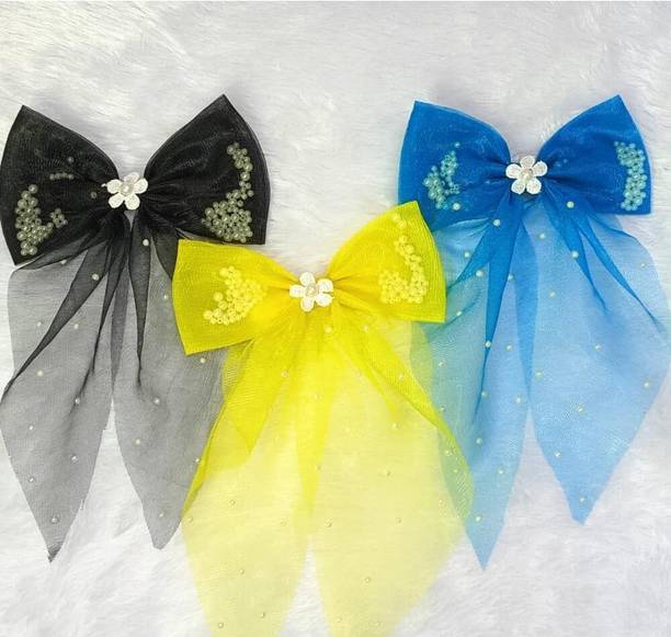 ReetNish Girls Big Net Bow Hair Clip Soft Net Fabric Pack of 3 (Black, Yellow, Blue) Hair Clip