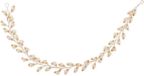 Mode Mania Statement Gold Plated Leaf Design Peal Studded Foldable Hair Accessory _B Head Band