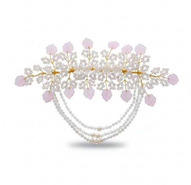 JWELLA Pearl & Pink Crystal Hair Accessory for Wedding, Party & Festive Hairstyles Bun Clip