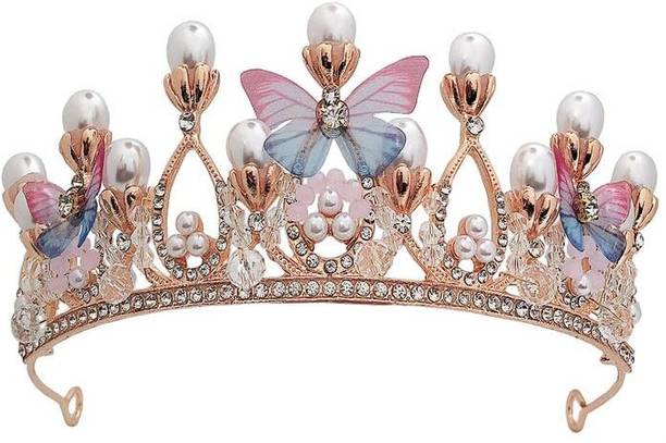 Dhvyant Mart 8-16 Years Girls Tiara Butterfly Princess Crown Gold Pearl For Wedding Bridal Head Band