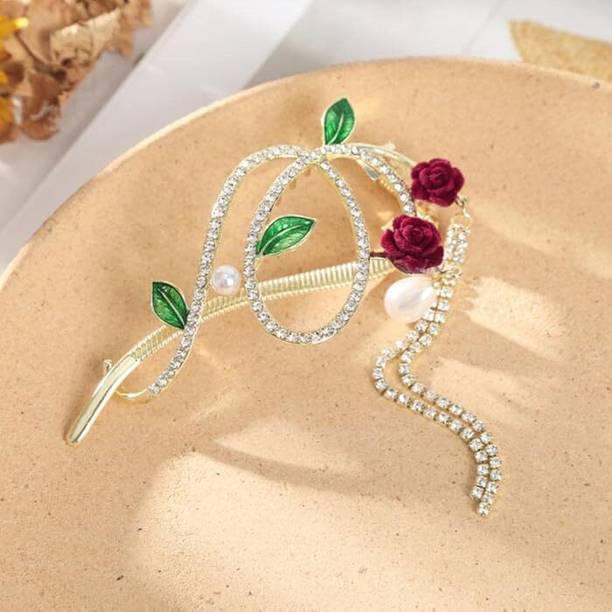 ASG 1pcs Rose Flower Design Imitation Pearl & Rhinestones Tassel Twist Hairpin Banana Clip