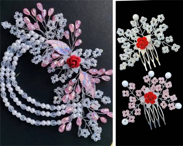 Lunox multicolour crystal tiara with pink & white 2 pic juda comb Hair Accessory Set