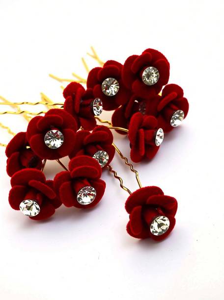 SRH Bridal Golden Juda Pins For Women/Hair Pin Red Flower Hair Pin