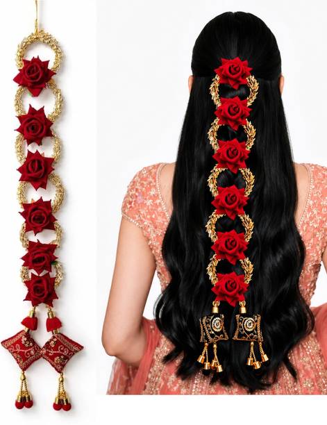 AJ Glowve Red Rose Paranda for Women & Girls Bridal Punjabi Hair Accessory set Braid Extension