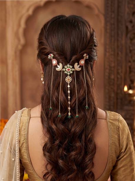 Twinsho Wedding Traditional Kundan Hair jewellery with Dangling Chains Hair Pin