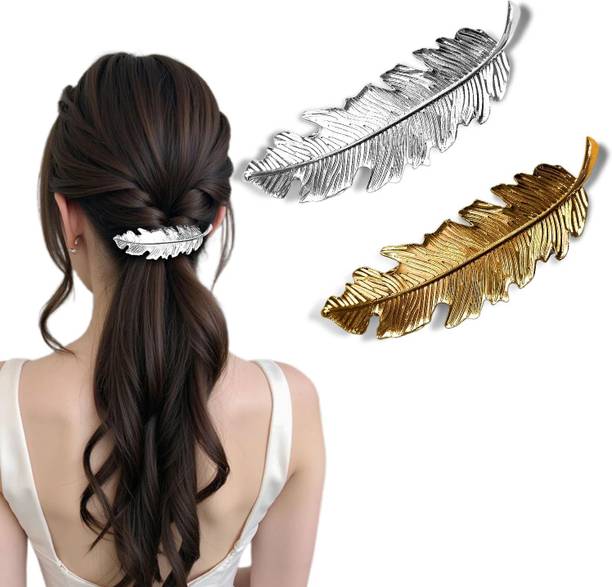 Lykaa Golden & Silver Feather Hair Clips – Metal Leaf Partywear Pins, Stylish, 2 Pcs Hair Pin
