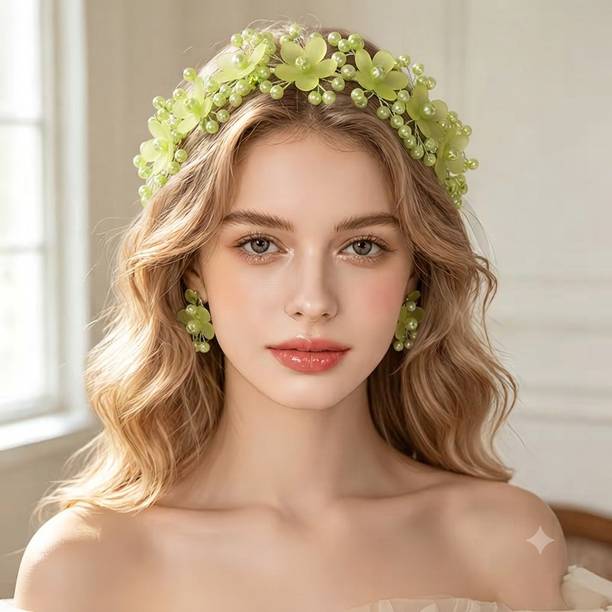 NIVKEZ Elegant Green Flower Pearl Hair Crown for Women, Kids Girls,Beautiful Crown Pc-1 Head Band