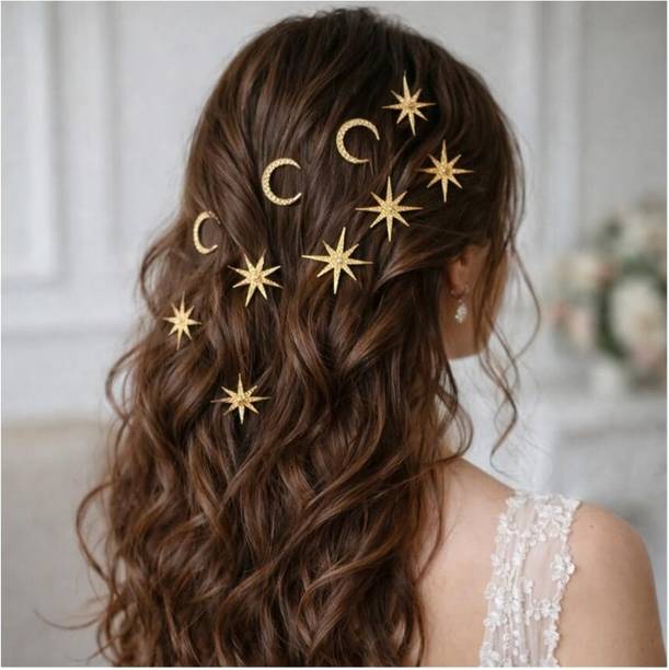 VECHAN Moon & Star Bobby Pins Set of 8 - Gold Finish CZ Celestial Hair Accessories Hair Pin