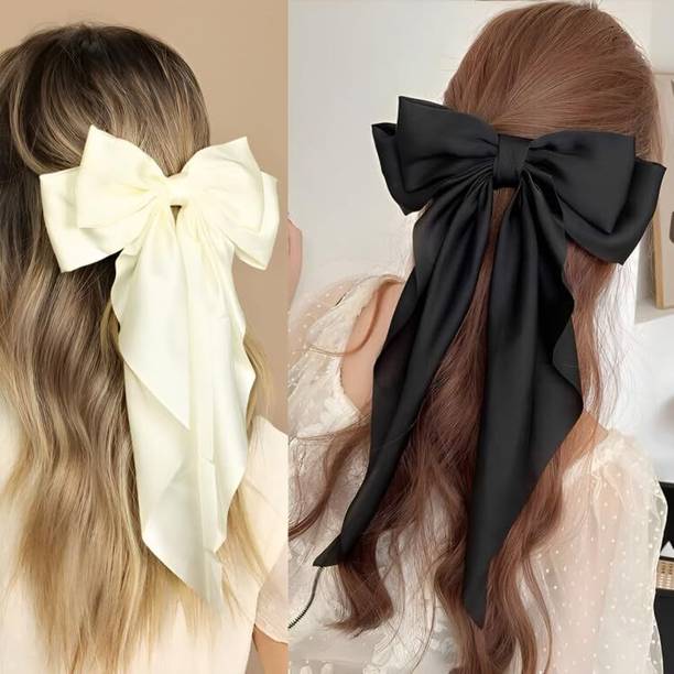 Dreamish Imitation Combo of Black & Cream Double Bow Hair Clip for Women Girls Hair Accessories. C Hair Clip