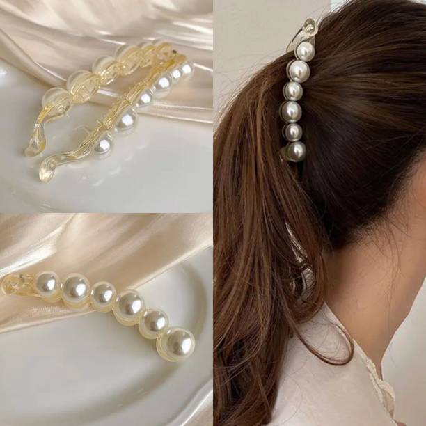 Kalka Fashion Korean Stylish White Pearl Banana Clip Ponytail Clutcher Clip Claw Banana Clip