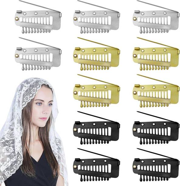 HONEY ACCESSORIES 12Pc Chunni Dupatta Clips with Safety pin,10-Teeth Strong Extension HairClip Hair Pin