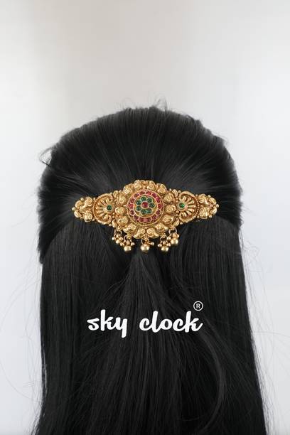 स्काइ क्लॉक 22K Gold Plated Ruby Pink & Emerald Green Stone Studded Artistic Design