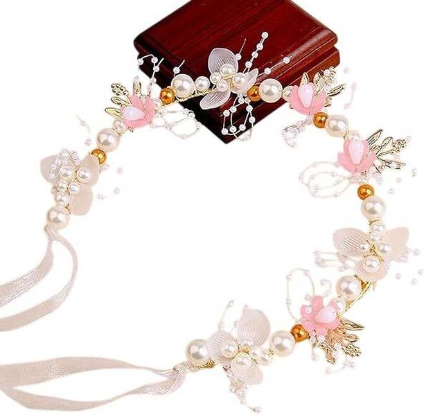 Diversa Princess Pearl & Leaf Tiara Headband, Adjustable Flower Crown for Girls, 15 cm Head Band