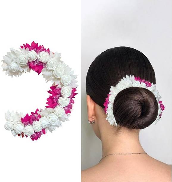 DELUXE Artificial Bridal Rose Petal Flower Tiara Gajra For Women Accessories (Pink) Hair Accessory Set