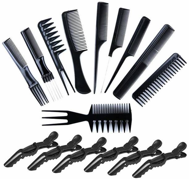 SANDIP Set of 10 Pcs Multipurpose Salon Hair Styling Hairdressing Barber Combs Professional Comb Kit + omen with Hair Styling Section Clips (6 Pieces )-(Black)
