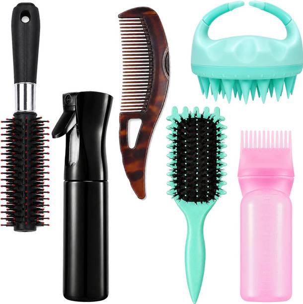 FEXMON 6 Pcs Hair Grooming Combo with Round Brush Comb Mist Bottle Scalp Massage Brush