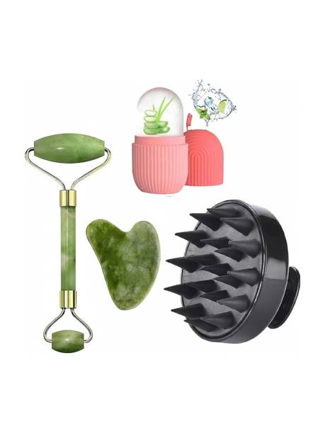 RUGY Jade Roller & Gua Sha Stone For Skin Wrinkles & Hair Scalp & Ice Massager (4in1)