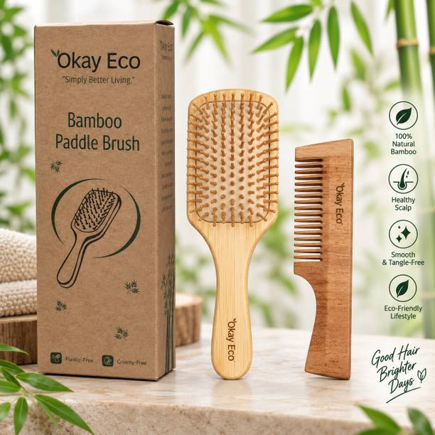 okay eco Bamboo Hair Brush & Handle Neem Wood Comb Combo for Men & Women