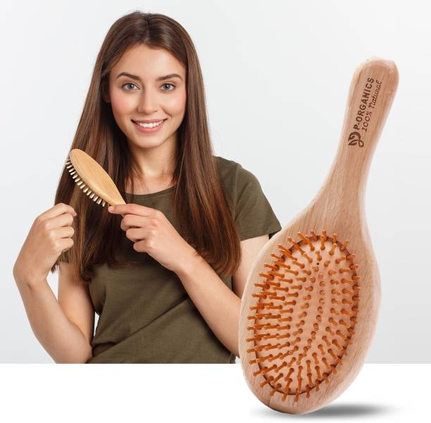 P-Organics Bamboo Wood Hair Brush with round edge bristles to prevent Hair breakage