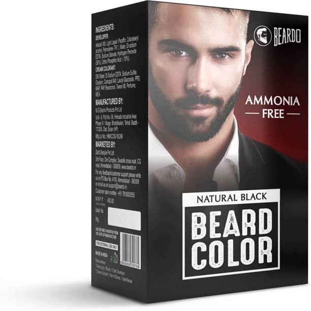 BEARDO Beard Color For Men - Natural Black | Long Lasting | No Ammonia | Easy to apply | No Stain Formula | Skin Friendly | 30 ml Color Developer, 30 ml Creme Colorant , Natural Black