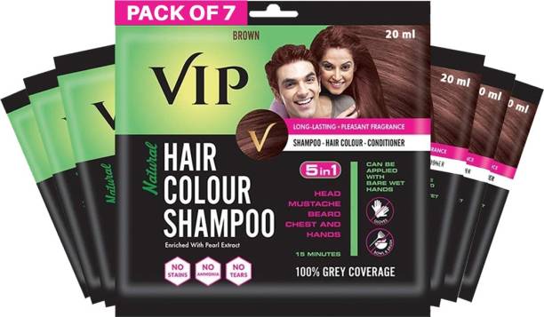 VIP Hair Colour Shampoo 20 ml (Pack of 7) , Unisex Long Lasting Hair Colour , Brown