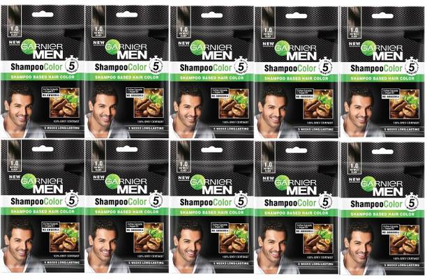 Garnier Men Color Naturals Liquid Hair Colour 100% Grey Coverage-1 Natural Black SET OF 10 , NATURAL BLACK-1.0
